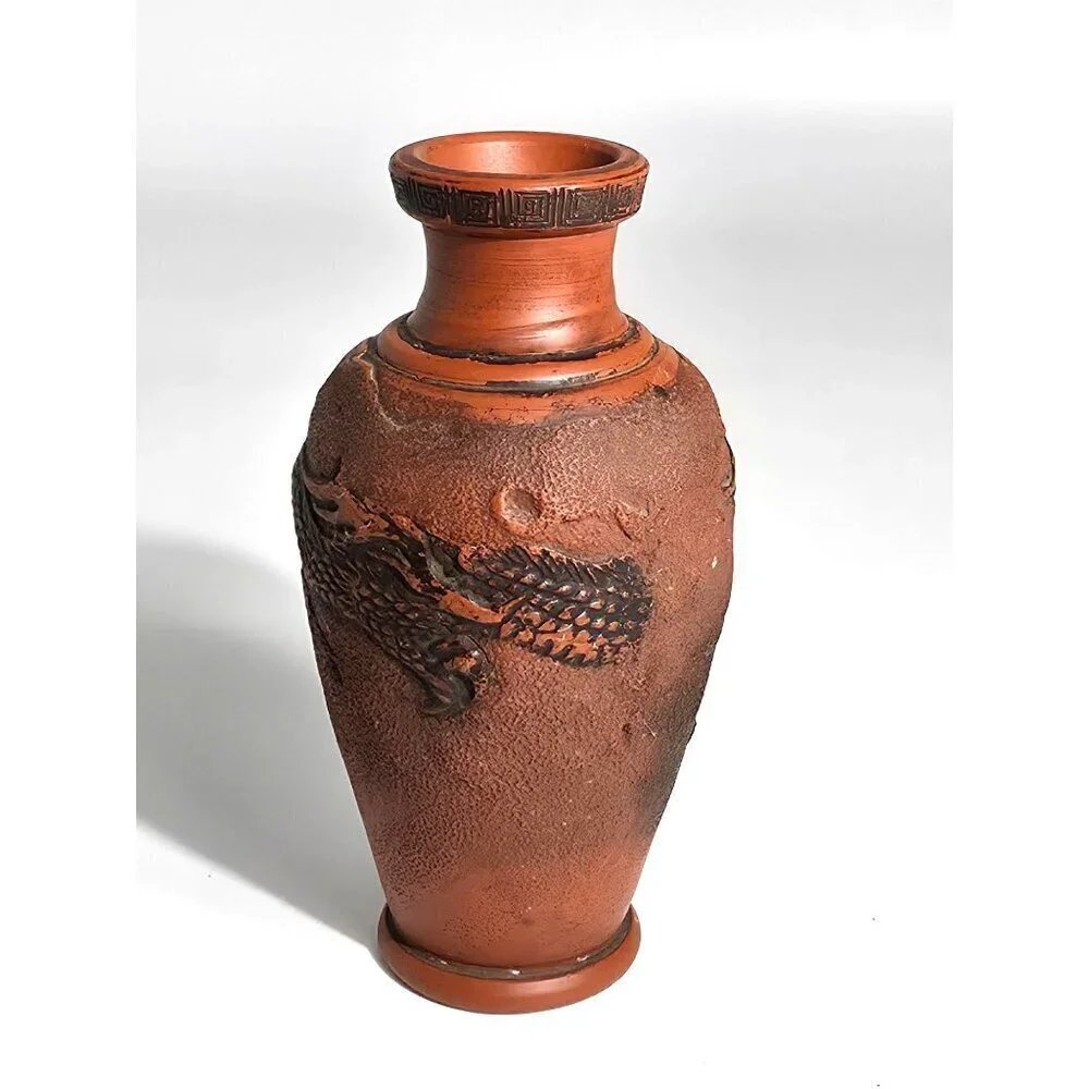 Tokonama Red Clay Dragon Motif Vase Textured Finish Intricate Dragon Carvings
